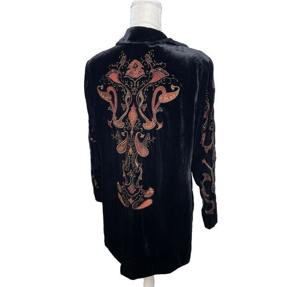 Coldwater Creek Size LP Large Embroidered Black Velvet Longline Jacket Kimono - Picture 3 of 11